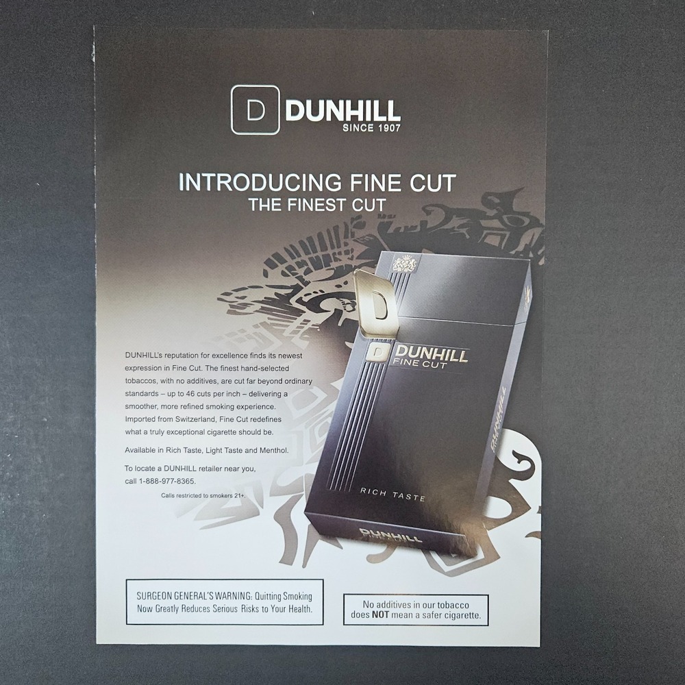 2009 Dunhill Fine‎ Cut Rich Taste Cigarettes Print Ad No Additives Switzerland